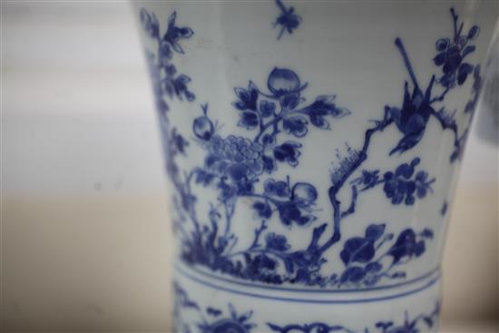 A Chinese blue and white gu-shaped vase or brush pot, Transitional period, mid 17th century, height 24.5cm, diameter 18.5cm, firing cra